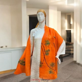 Dark orange ramie scarf hand-painted with juniper and crane 70*190cm